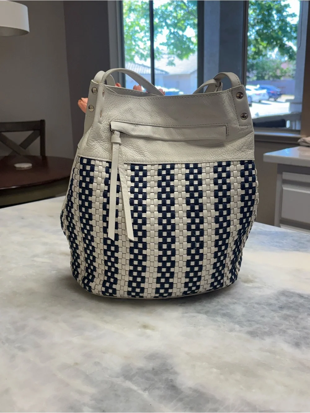 Kooba Handcrafted Leather Denim Woven Bucket Bag Tote